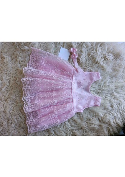 Kız Bebek Pembe Elbise Güpürlü Sırt Fiyonk Detaylı