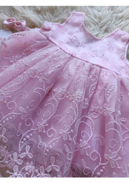 Kız Bebek Pembe Elbise Güpürlü Sırt Fiyonk Detaylı fiyatları