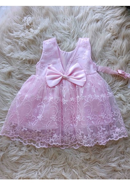 Kız Bebek Pembe Elbise Güpürlü Sırt Fiyonk Detaylı modelleri