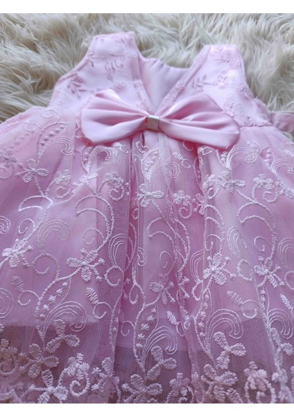 Kız Bebek Pembe Elbise Güpürlü Sırt Fiyonk Detaylı fırsatları