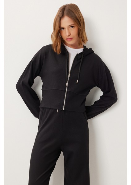 Kapüşonlu Fermuarlı Örme Alt-Üst Takım LCI0049 Siyah modelleri