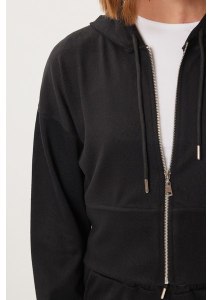 Kapüşonlu Fermuarlı Örme Alt-Üst Takım LCI0049 Siyah fırsatları