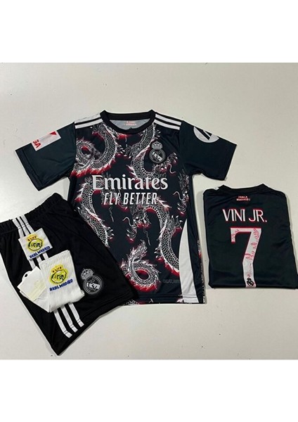 R.e.a.l M.a.d.r.i.d 2024/25 Sezon Dragon Desenli Vini Jr. Çocuk Forma 4'lü Set (Arma-Black-Red) modelleri