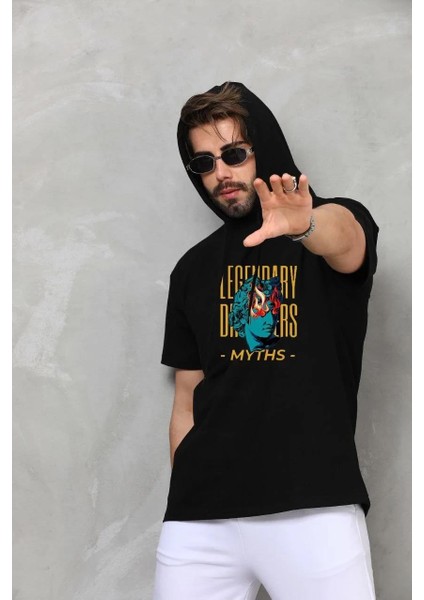 Unisex Kapşonlu Kolsuz Oversize Baskılı Tişört - Siyah