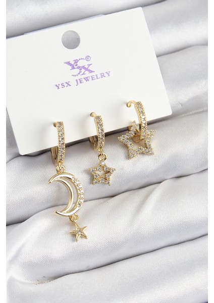 Pirinç Zİrkon Taşlı Ay Ve Hilal Model Gold Renk 3'lü Kadın Küpe - TJ-BKP10942