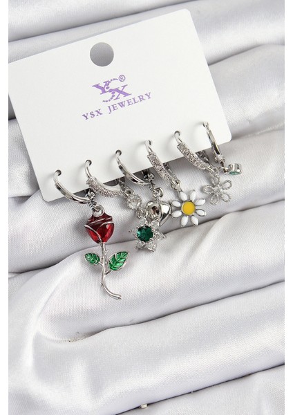 Pirinç Zİrkon Taşlı Gül Ve Papatya Model Gümüş Renk 3'lü Çift Kadın Küpe - TJ-BKP10956