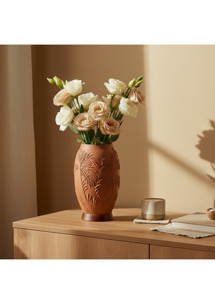 Pamore Dekoratif Vazo - Kahverengi / Ahşap Tabanlı