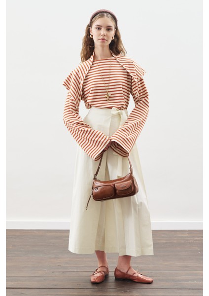 Şal Detaylı Çizgili Tshırt Kiremit