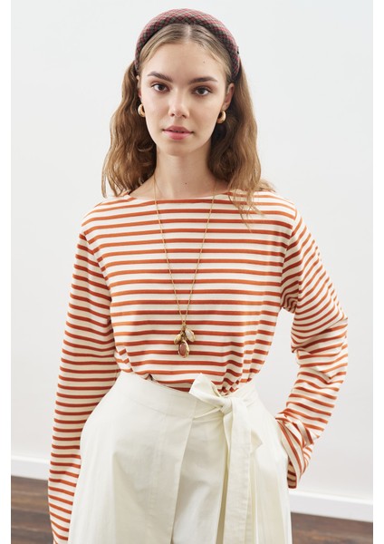 Şal Detaylı Çizgili Tshırt Kiremit modelleri