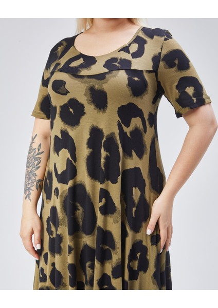 Kadın Büyük Beden Haki, Etek Ucu Asimetrik Kesim, Kısa Kol Viskon Elbise 65N39108 fiyatları