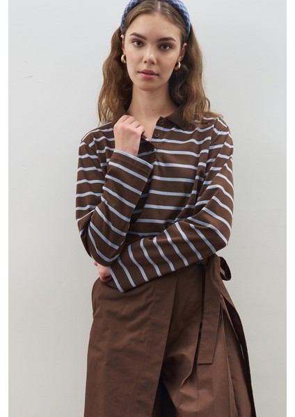 Polo Yaka Çizgili Tshırt Mavi