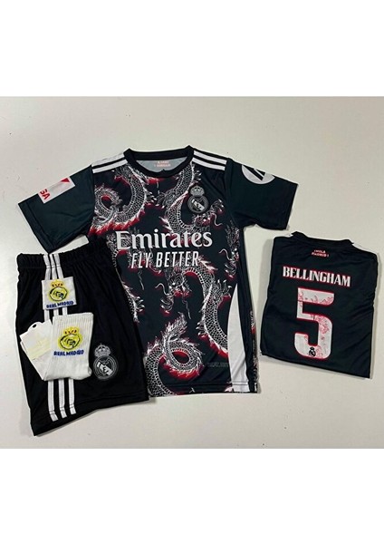 R. Madridd 2024/25 Sezon Dragon Desen Jude Bellingham Çocuk Forma 4'lü Set (Arma-Black-Red) modelleri