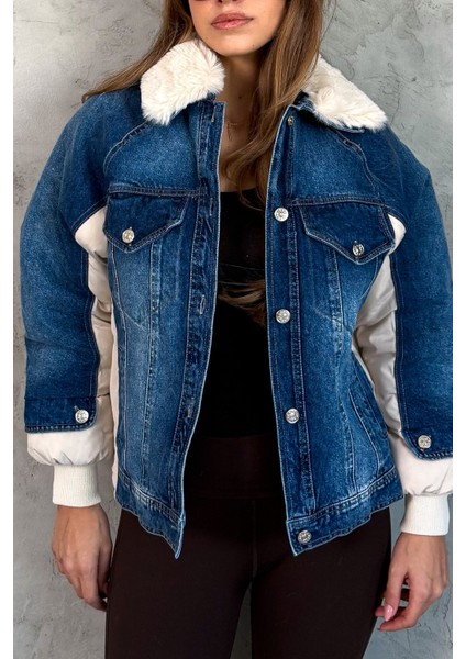 Kadın Yaka Kürklü Kot Mont 99424 fırsatları