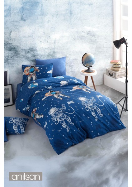 Astronot Desenli Baskılı Çocuk Nevresim Takımı Tek Kişilik Yumuşak Pamuklu Kumaş