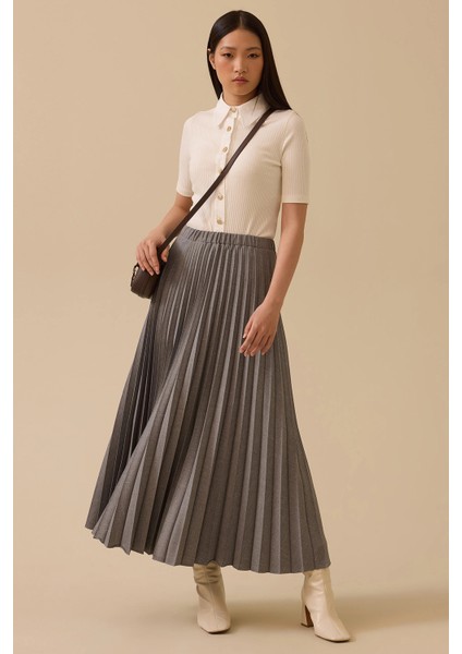 Kadın Elastik Bel Pliseli Etek 1006 Gri