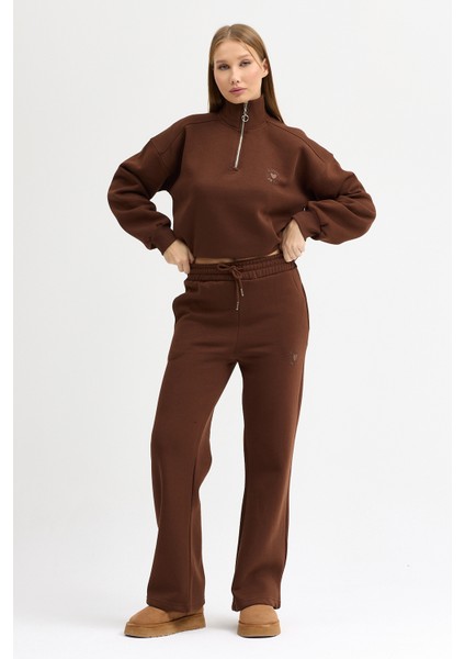 Kadın Eşofman Takımı Yarım Fermuarlı Alleyes Baskı Içi Pamuklu Kahve Eşofman Takımı Alt Üst Takım