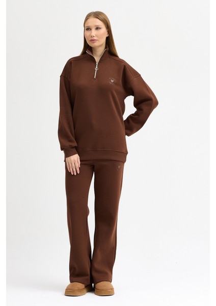 Kadın Eşofman Takımı Yarım Fermuarlı Alleyes Baskı Içi Pamuklu Kahve Eşofman Takımı Alt Üst Takım modelleri