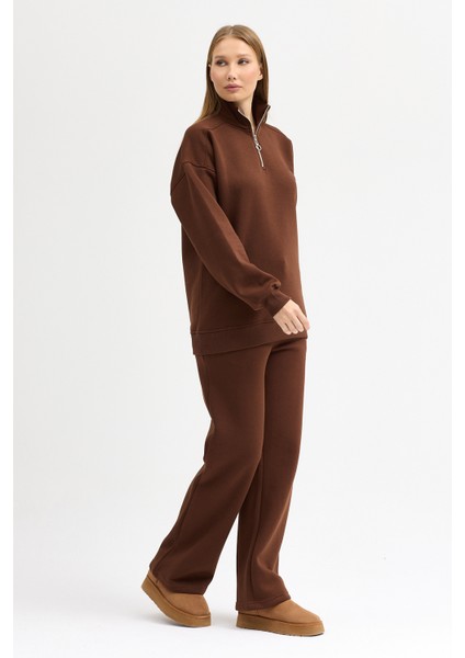 Kadın Eşofman Takımı Yarım Fermuarlı Alleyes Baskı Içi Pamuklu Kahve Eşofman Takımı Alt Üst Takım indirimleri