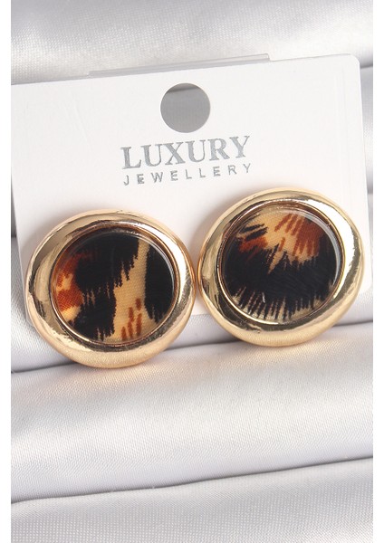 Pirinç Gold Renk Leopar Desen Daire Model Kadın Küpe - TJ-BKP10371