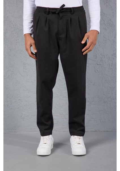 Milos Relax Fit Örme Kaşe Kumaş Fermuarlı Beli Lastikli Jogger Erkek Pantolon - Siyah