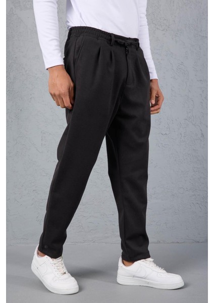 Milos Relax Fit Örme Kaşe Kumaş Fermuarlı Beli Lastikli Jogger Erkek Pantolon - Siyah fırsatları