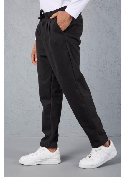 Milos Relax Fit Örme Kaşe Kumaş Fermuarlı Beli Lastikli Jogger Erkek Pantolon - Siyah