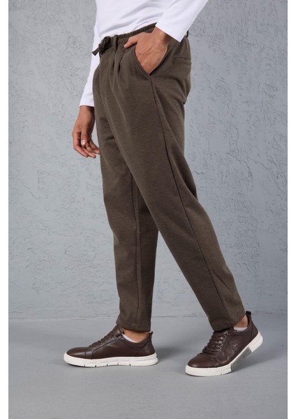 Milos Relax Fit Örme Kaşe Kumaş Fermuarlı Beli Lastikli Jogger Erkek Pantolon - Vizon indirimleri