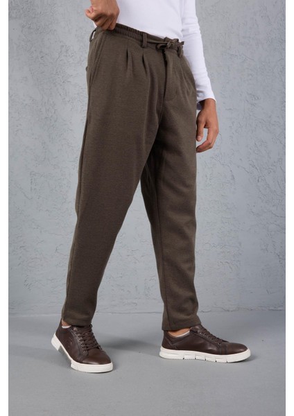 Milos Relax Fit Örme Kaşe Kumaş Fermuarlı Beli Lastikli Jogger Erkek Pantolon - Vizon