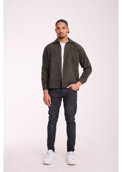 Frankel Kaşe Kumaş Tek Cepli Relaxed Fit Erkek Gömlek - Haki indirimleri
