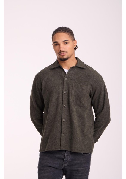 Frankel Kaşe Kumaş Tek Cepli Relaxed Fit Erkek Gömlek - Haki