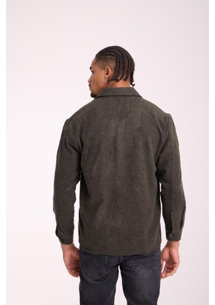 Frankel Kaşe Kumaş Tek Cepli Relaxed Fit Erkek Gömlek - Haki