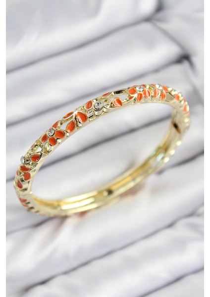 Mineli Pirinç Zirkon Taşlı Turuncu Çiçek Motifli Gold Kadın Kelepçe - TJ-BB7761