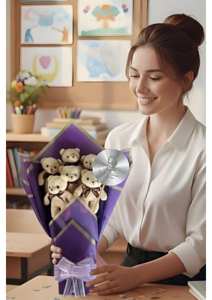 Öğretmen'e Hediye: Atatürk Temalı Aynasıyla 6’lı Mor Ayıcık Buketi-24 Kasım Öğretmenler Günü Hediyesi, Sınıf Öğretmenine Hediye fiyatları