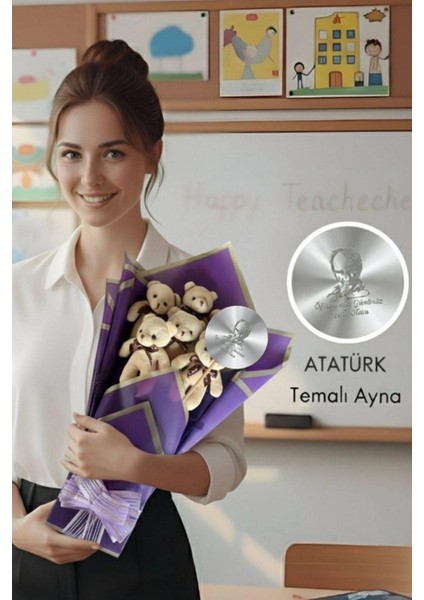 Öğretmen'e Hediye: Atatürk Temalı Aynasıyla 6’lı Mor Ayıcık Buketi-24 Kasım Öğretmenler Günü Hediyesi, Sınıf Öğretmenine Hediye fırsatları