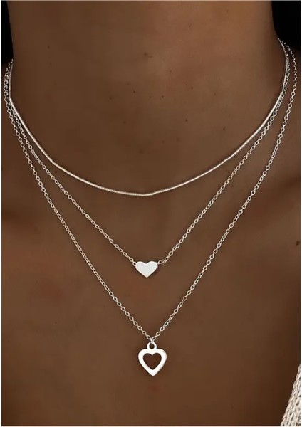 Kadın Tasarım 3 Lü Zincir Kalpli Kolye Seti Minimalist Trend Kalp