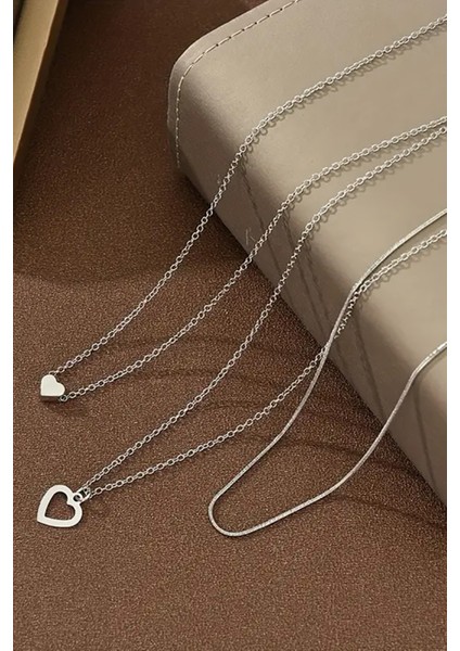 Kadın Tasarım 3 Lü Zincir Kalpli Kolye Seti Minimalist Trend Kalp fiyatları