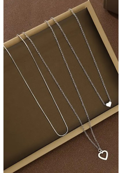 Kadın Tasarım 3 Lü Zincir Kalpli Kolye Seti Minimalist Trend Kalp modelleri