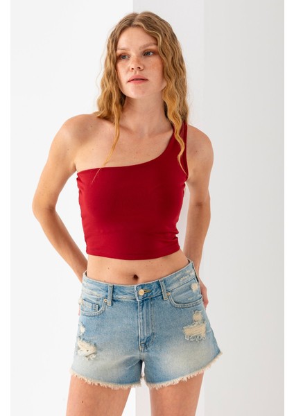 Kadın Tek Omuzlu Asimetrik Yaka Basic Body Bordo - 2401