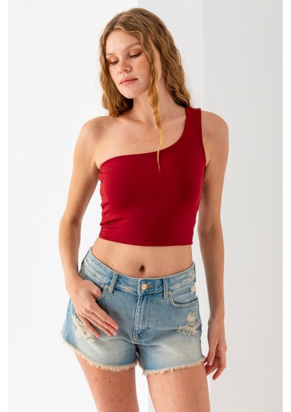 Kadın Tek Omuzlu Asimetrik Yaka Basic Body Bordo - 2401 fiyatları