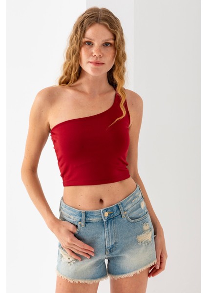 Kadın Tek Omuzlu Asimetrik Yaka Basic Body Bordo - 2401 modelleri