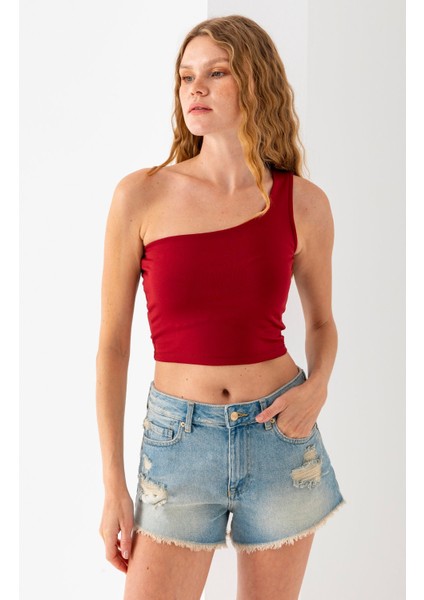 Kadın Tek Omuzlu Asimetrik Yaka Basic Body Bordo - 2401 fırsatları