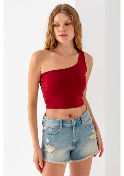 Kadın Tek Omuzlu Asimetrik Yaka Basic Body Bordo - 2401