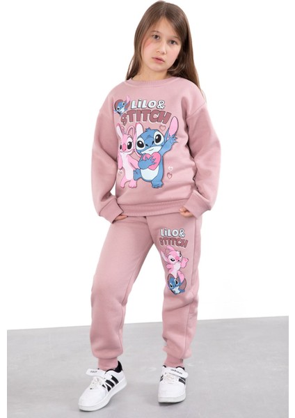 Gül Kurusu Sevimli Simli Karakter Baskı Şardonlu Kız Çocuk Eşofman Takım 23296 modelleri