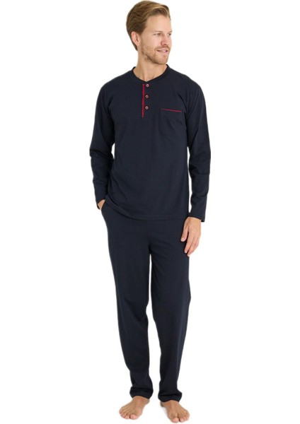 Erkek Lacivert Battal Pijama Takımı Uzun Kol %100 Pamuk 9111-1 Konforlu ve Şık