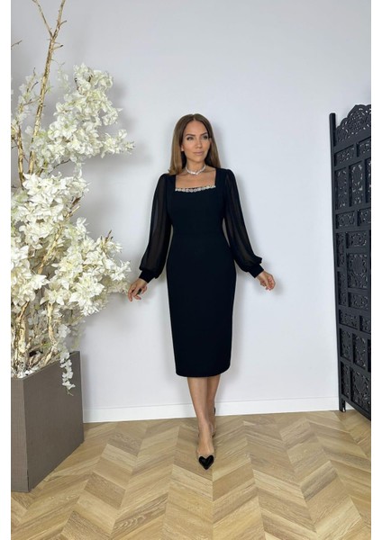 G1572 Yaka Detaylı Şifon Kol Abiye Elbise Siyah