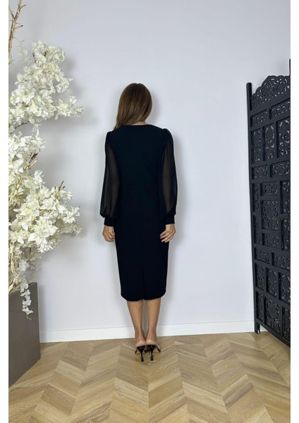 G1572 Yaka Detaylı Şifon Kol Abiye Elbise Siyah fiyatları