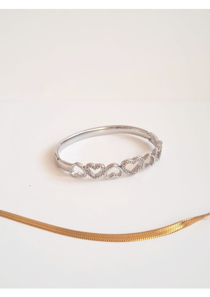 Çelik Taşlı Kalp Kelepçe Bileklik