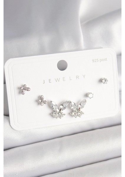 925 Ayar Gümüş Çivi Pirinç Zirkon Taşlı Kelebek Model Kadın Küpe Seti - TJ-BKP10402