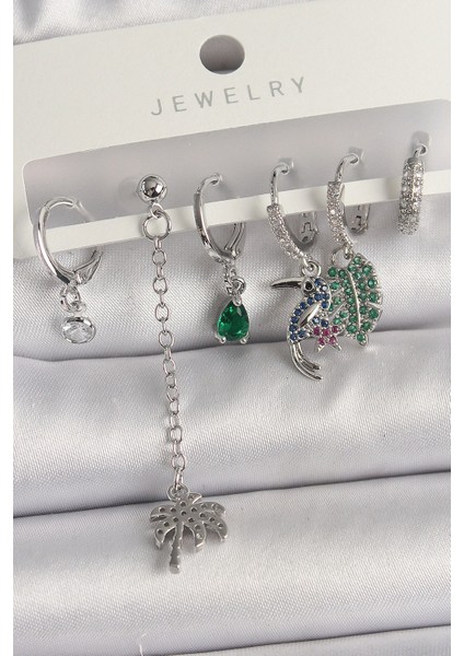 Pirinç Gümüş Renk Sallantı Zirkon Taşlı Ağaç Figür Çoklu Kadın Küpe Seti - TJ-BKP10119