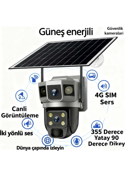 4g Sım Kartlı Güneş Panelli Güvenlik Kamerası, 6mp Çift Lens Güneş Enerjili, V380PRO ile 7/24 Izleme & Kontrol, IP66 Su Korumalı